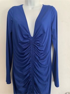 Fashion Nova Royal Blue Ruched Deep V Long Sleeve Tunic